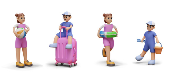 Set of vector templates for concepts of children tourism and recreation at seaside. Girl is holding beach ball, walking with inflatable circle. Boy is sitting on suitcase, toddler is play in sand