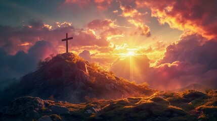 A cross on a hill with the sunset in the background. Easter concept. Generative AI.