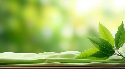 Banner with green leaves lying on an empty wooden tabletop on a blurred abstract green background with bokeh. Ecology and ecological balance. Banner with copy space