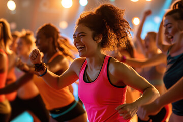 Group Of People Energetically Dancing And Exercising At Lively Zumba Class
