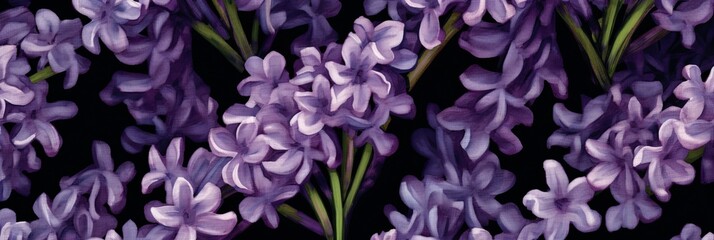 Lilac flowers, flat pattern, delicate purple color, imitation of a pattern with paints on fabric.