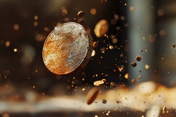realistic illustration of many rusted and corroded coins flying in the air