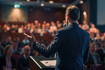 Obraz premium Motivational Speaker Addresses Audience At Business Event, Capturing Their Attention