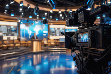 Newsroom Set With Tv Camera, Anchor Seen On Small Display, Broadcasting Channel
