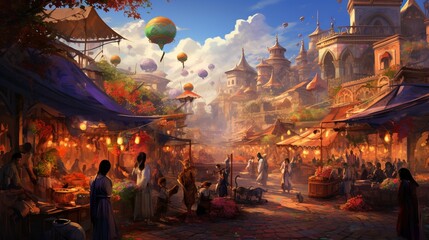A colorful and bustling marketplace with various stalls and people, allowing for unobtrusive text placement amidst the vibrant and lively scene - Generative AI