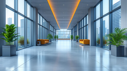 Interior hallway of an office building, with windows, long and wide with daylight, furnished with armchairs, modern style. - obrazy, fototapety, plakaty