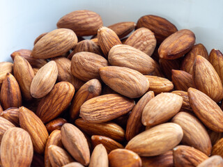 Almond photo background. Tasty healthy snack. Nut package design