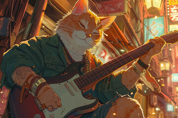 Rockstar Vibe Exuded By Anime Cat With Guitar - obrazy, fototapety, plakaty