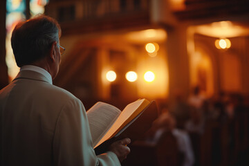 Religious Leader Passionately Delivers Sermon With Bible In Hand During Church Service