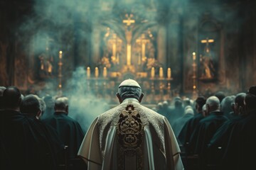 The Pope Leading A Religious Ceremony From The Background - obrazy, fototapety, plakaty