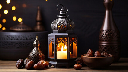 Fototapeta na wymiar Eid Mubarak Ramadan candle lantern on wooden table. Islamic home decor. Traditional Islamic design.