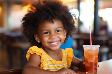 Happy child enjoying freshly squeezed orange juice from glass with colorful straw