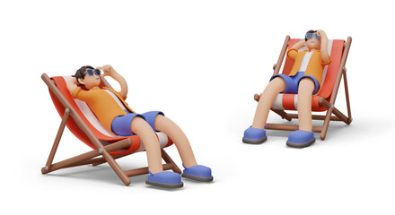 3D man in sunglasses lies in folding beach chair. Tourist is sunbathing. Concept of lazy, comfort rest in nature. Isolated funny illustrations in childish style