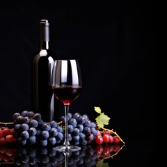 Fototapeta premium Glass and bottle of red wine with blue grapes on a black reflective background. On a bottle old empty label. Copy space.