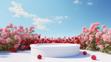 Fototapeta na wymiar Empty white round podium on red gradient roses garden and summer blue sky background for cosmetic product presentation, valentine's day concept