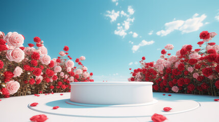 Empty white round podium on red gradient roses garden and summer blue sky background for  cosmetic product presentation, valentine's day concept