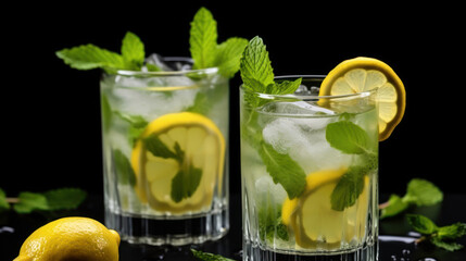 Two glasses of lemonade or a cocktail with lemon and mint on a black background. Summer refreshing drinks.