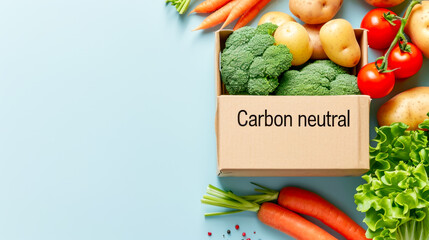 Carbon neutral food concept. Vegan healthy food composition with local, farm vegetables in cardboard box with inscription carbon neutral on blue background. Seasonal organic vegetables. Flat lay