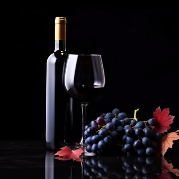 Glass and bottle of red wine with blue grapes on a black reflective background. On a bottle old empty label. Copy space.