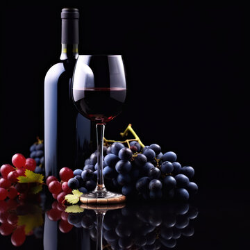 Glass and bottle of red wine with blue grapes on a black reflective background. On a bottle old empty label. Copy space.
