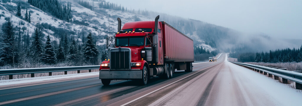 A bold red semi truck transporting cargo on a highway surrounded by snowy forested mountains during winter..