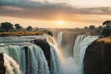 Victoria falls at sunset in the africa - obrazy, fototapety, plakaty
