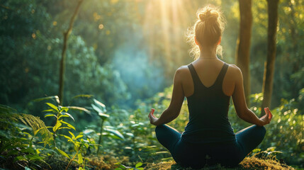 Back of woman relaxingly practicing meditation yoga in the forest to attain happiness from inner peace wisdom serenity with beam of sun light for healthy mind wellbeing and wellness soul concept - obrazy, fototapety, plakaty