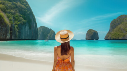 Fototapeta na wymiar Traveler Asian woman in summer dress joy relaxing on sunny beach.