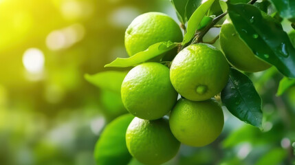Limes tree in the garden are excellent source of vitamin C. Green organic lime citrus fruit hanging on tree.