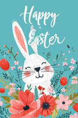 Happy Easter Card With Bunny Surrounded by Flowers