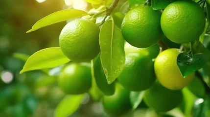 Crédence de cuisine en verre imprimé les îles Canaries Limes tree in the garden are excellent source of vitamin C. Green organic lime citrus fruit hanging on tree.