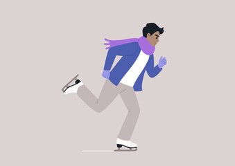 A youthful character gracefully glides across a winter ice rink, adorned in a cozy scarf and warm woolen gloves, the scene captures the joy and charm of ice-skating amidst the winter chill