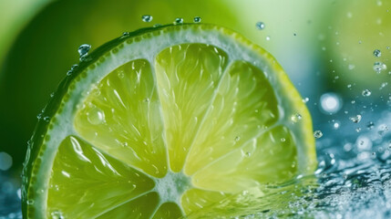 Lime slice in water soda background.