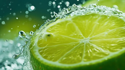 Lime slice in water soda background.
