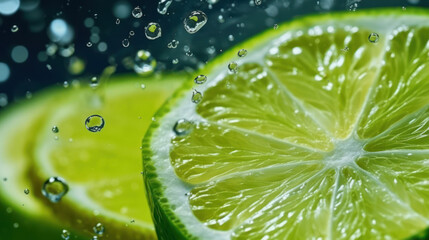 Lime slice in water soda background.