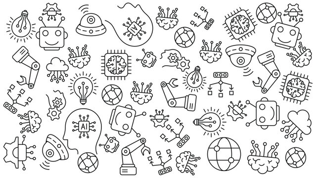 Set of artificial intelligence doodle icons pattern. Icon set editable stroke in trendy style