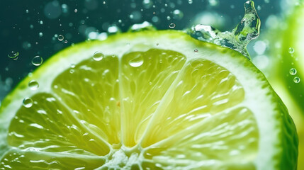 Lime slice in water soda background.