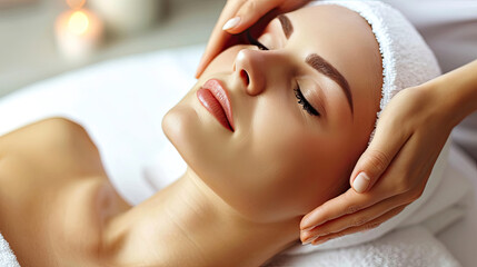 Beautiful woman in spa salon getting face massage treatment. Girl facial treatment. Skin care. Body care. - obrazy, fototapety, plakaty
