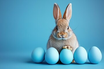 Fototapeta premium Whimsical Easter Delight Cute Little Easter Bunny, Baby Rabbit, and Painted Easter Eggs for a Funny Easter Concept Holiday Animal Greeting Card on Blue Background Texture.. created with Generative AI