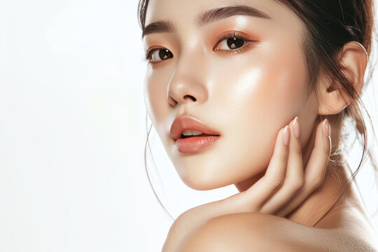 Beautiful young Asian woman with clean fresh skin on white background, Face care, Facial treatment, Cosmetology, beauty and spa, Asian women portrait.