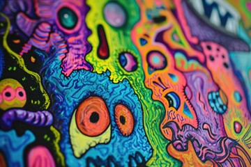 close-up of a highly detailed and colorful abstract painting