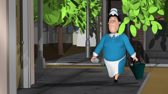 3d animation, one cartoon character with a bucket and a sponge walking on city street