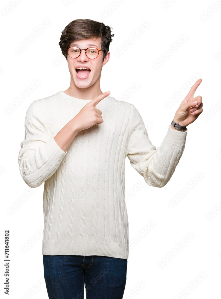 Wall mural young handsome man wearing glasses over isolated background smiling and looking at the camera pointi