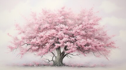 A detailed cherry blossom tree in bloom, delicate pink blossoms against a backdrop of fresh green leaves, capturing the tree's ethereal beauty - Generative AI - obrazy, fototapety, plakaty