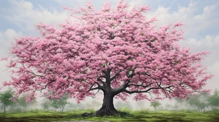 Foto op Canvas A detailed cherry blossom tree in bloom, delicate pink blossoms against a backdrop of fresh green leaves, capturing the tree's ethereal beauty - Generative AI © Huzaifa