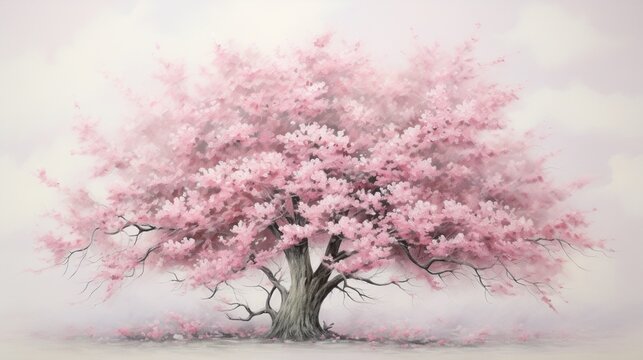 A detailed cherry blossom tree in bloom, delicate pink blossoms against a backdrop of fresh green leaves, capturing the tree's ethereal beauty - Generative AI © Everything is here