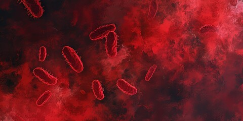 Illustration of bacteria and viruses in bright red color, indoor and outdoor environment, medicine, template, background, wallpaper.