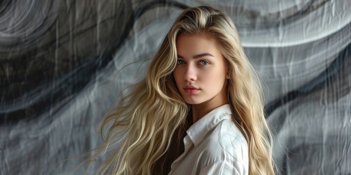 a beautiful girl with flying blonde hair