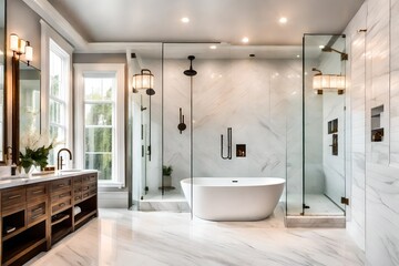 Fototapeta na wymiar Envision the epitome of bathroom elegance with a freestanding tub and marble-tiled shower, both bathed in the allure of perfect lighting.