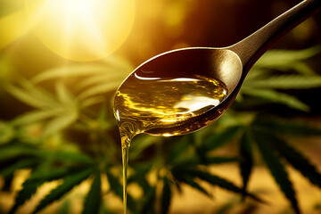 CBD hemp oil droplets pouring  from spoon on blurred sunny marijuana plant background - obrazy, fototapety, plakaty